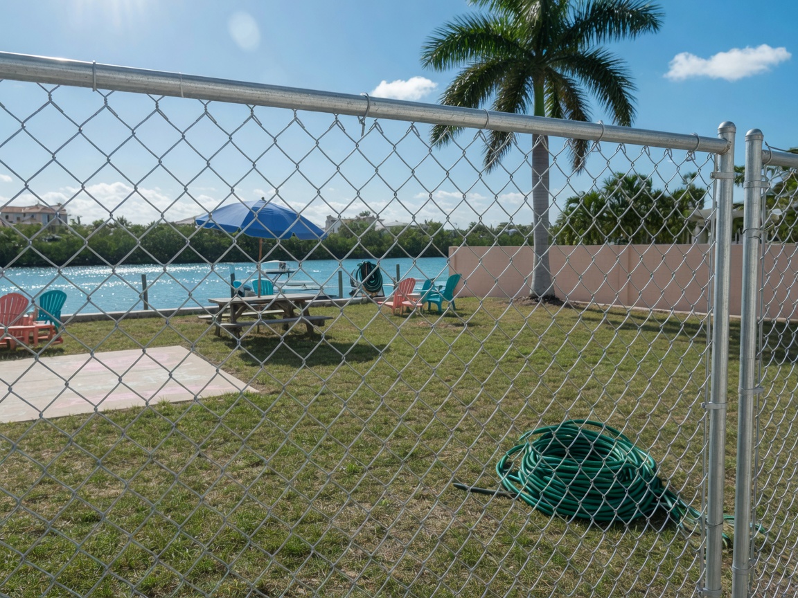 A galvanized chain link fence encloses a large Gulf Coast Florida backyard, with the silver diamond mesh strung tight between posts on a top rail and tension bars. Chain link is the workhorse choice when the job is to secure and enclose an area affordably rather than screen it. Because the mesh is mostly open air, wind passes straight through, which makes it quietly one of the more storm tolerant fences here.