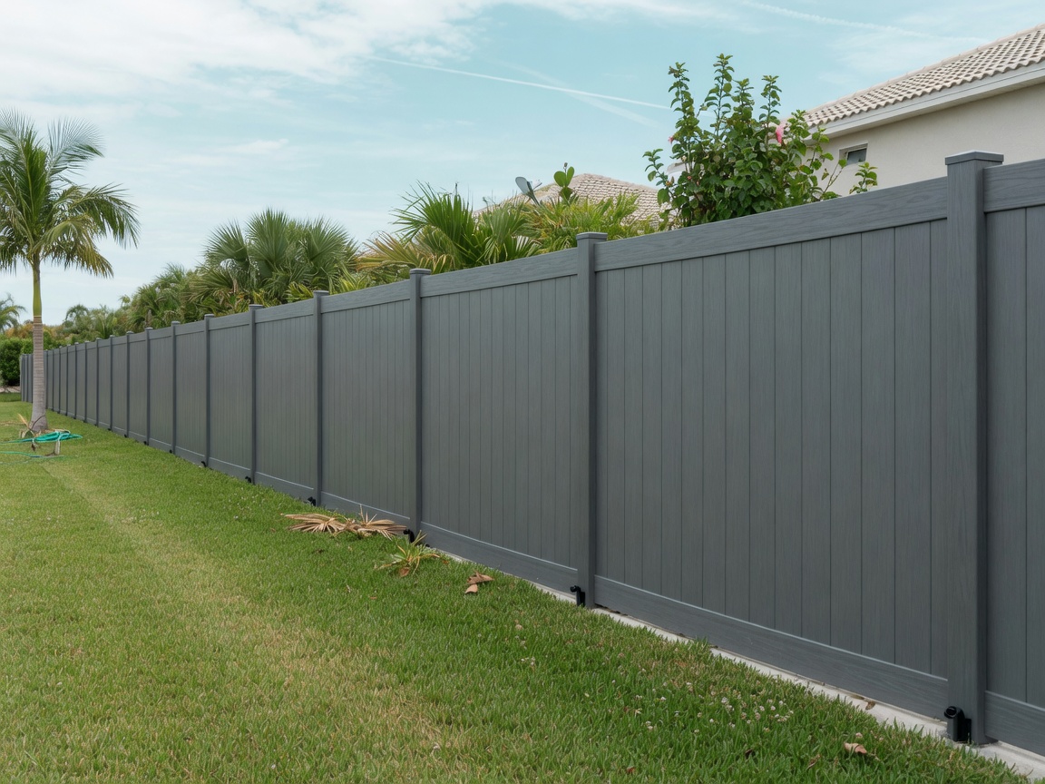 A full composite privacy fence runs along a Gulf Coast Florida property line with uniform panels showing no rot or fading. Composite blends wood fibers with plastic, so it delivers a wood look without the sealing schedule a coastal wood fence demands. This is the premium low upkeep option we install for homeowners who want the wood aesthetic near the water.