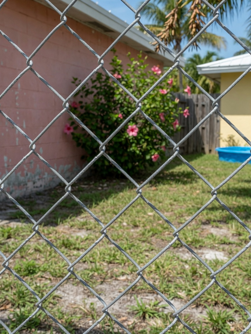 A close up of galvanized chain link fence showing the woven diamond mesh and the thickness of the zinc coated wire. Gauge describes how thick that wire is, and a lower gauge number means a thicker, stronger wire that takes more abuse. We match the gauge to the job, since a backyard dog run does not need the same heavy wire as a commercial yard.