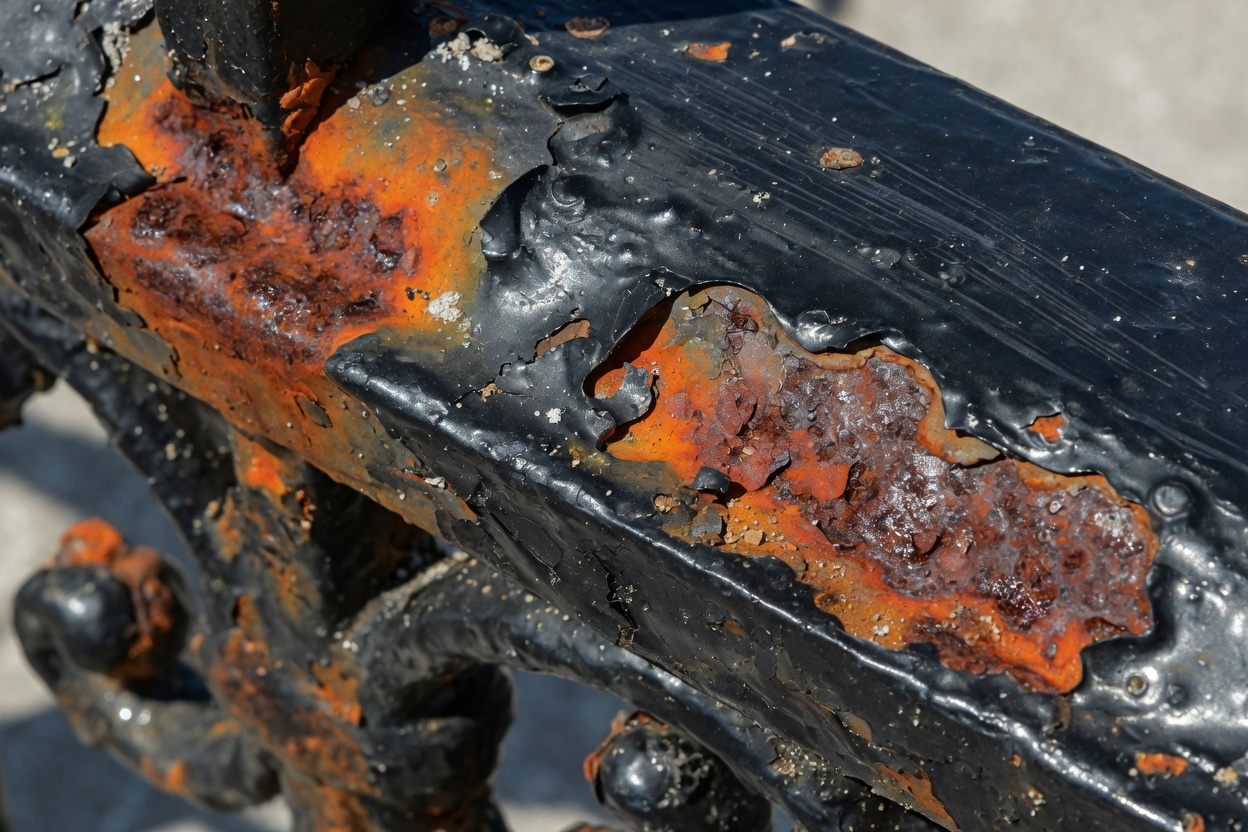 A close up of rust spreading across an old wrought iron fence rail in a humid Florida coastal setting, with flaking paint and orange corrosion. Iron rusts, and salt air accelerates the process, so an unmaintained iron fence can show rust streaks faster than owners expect near the water. This is the single difference that usually settles the decision toward aluminum on a coastal lot.