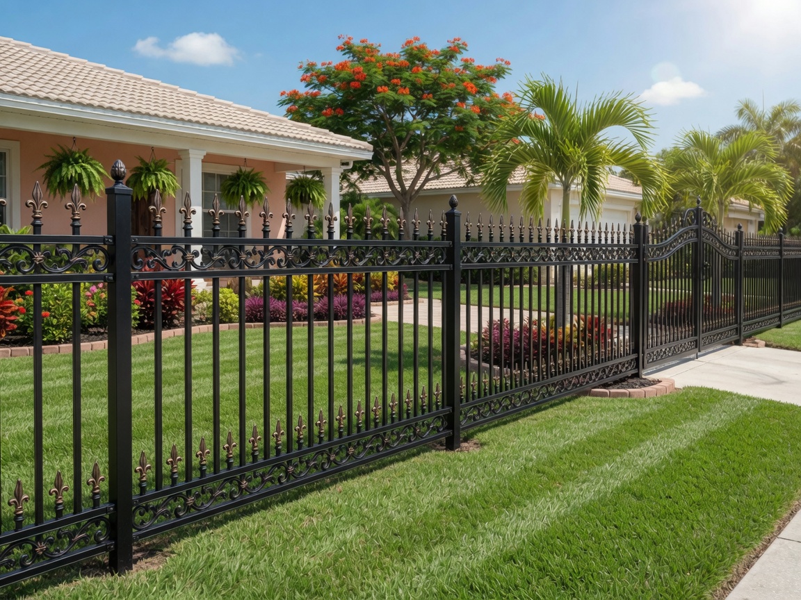 Black ornamental aluminum fence our crew installed around a Gulf Breeze Florida front yard