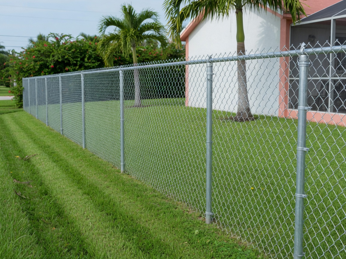Galvanized chain link fence our crew installed along a Gulf Breeze Florida property line