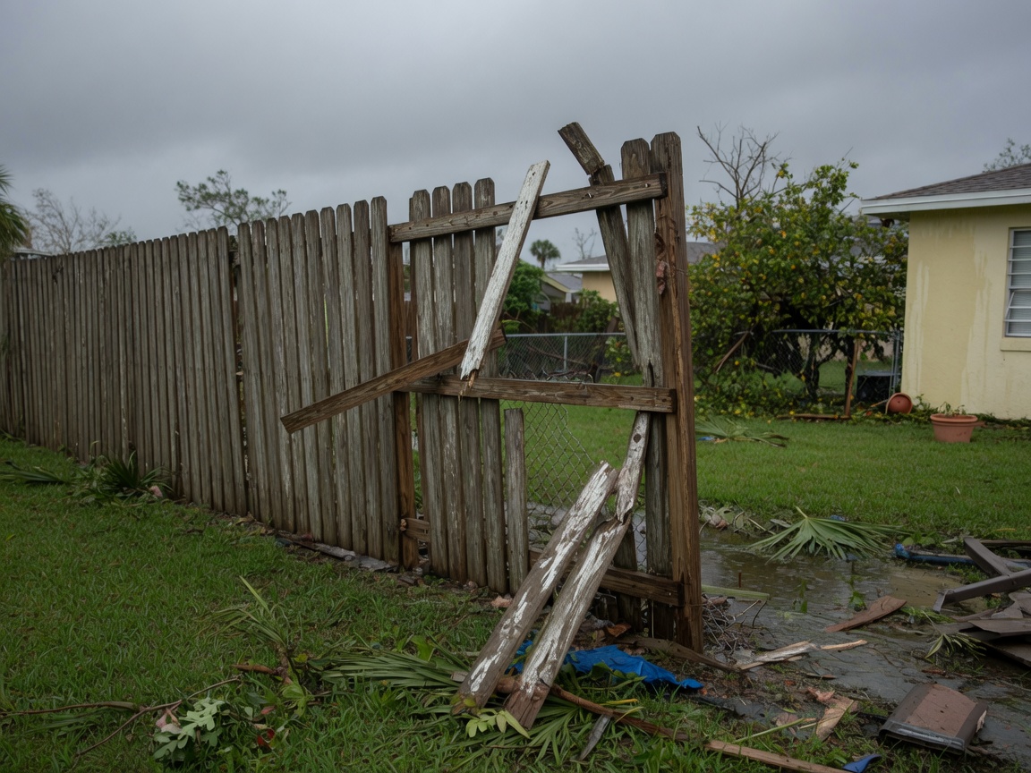 Storm damaged wood fence with leaning boards our crew repairs in a Gulf Breeze Florida backyard