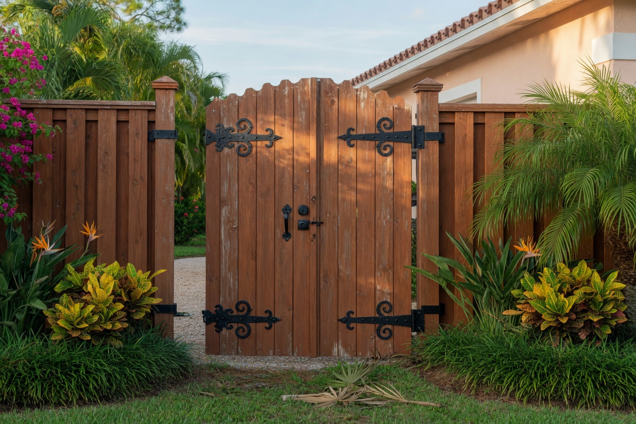 Wooden driveway gate with metal hardware set in a matching wood fence