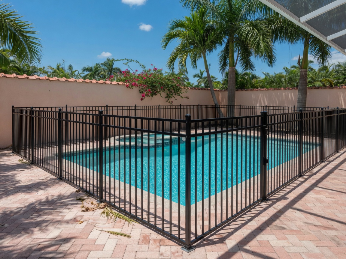 Black aluminum pool safety fence our team installed around a Gulf Breeze backyard pool