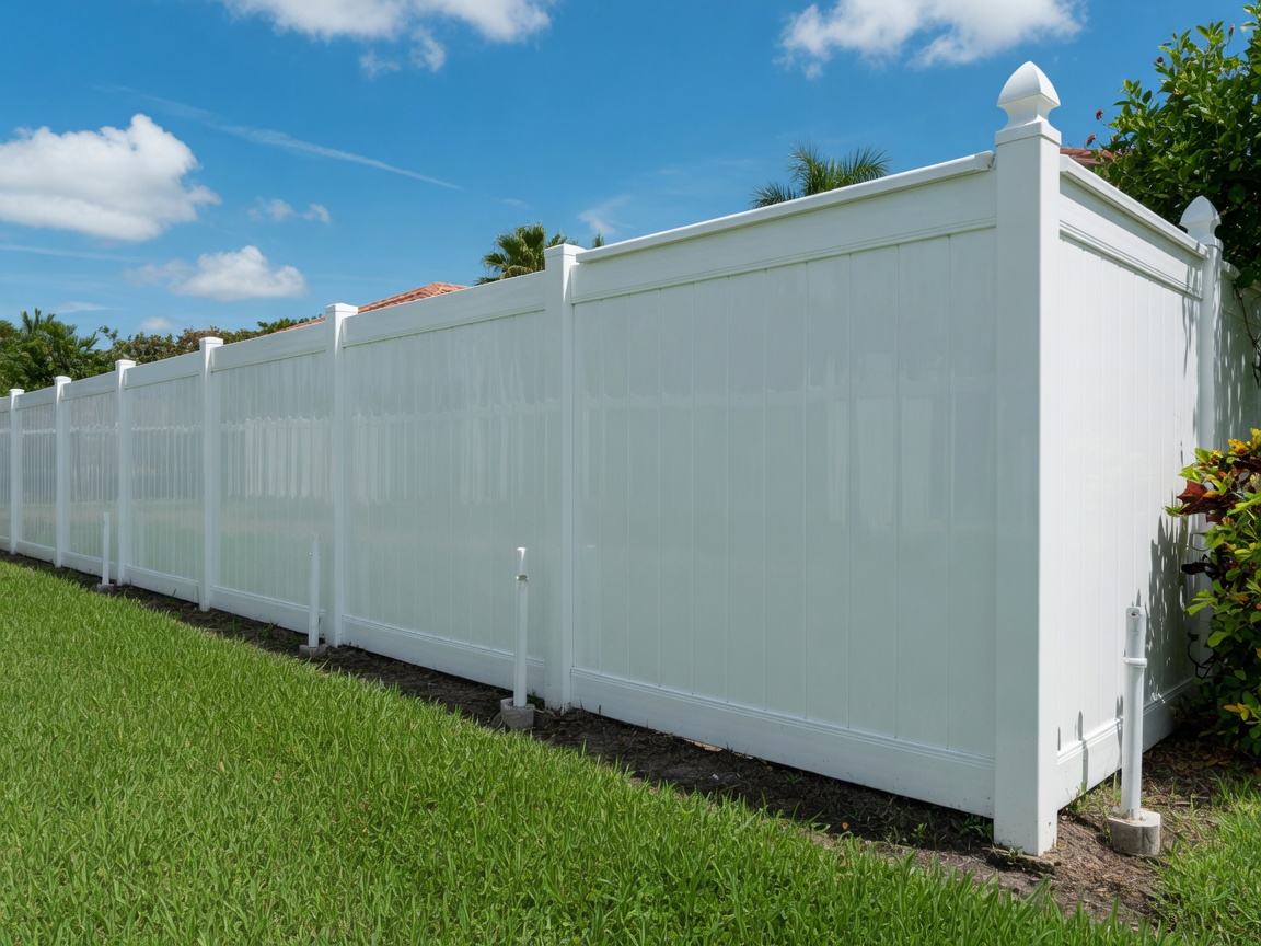 White vinyl privacy fence our crew installed in a sunny Gulf Breeze Florida yard