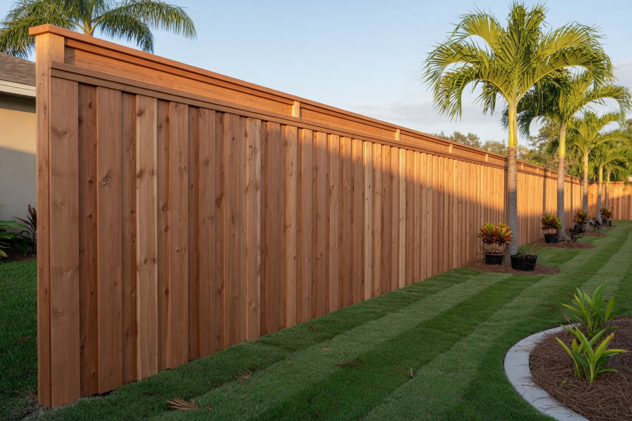 Cedar wood privacy fence our crew built along a Gulf Breeze Florida backyard